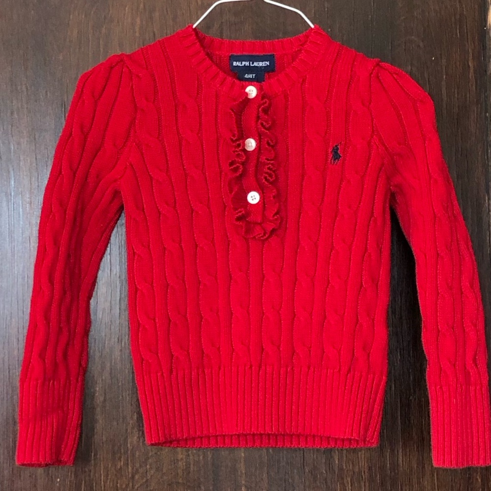Ralph Lauren Red cable knit sweater girls size 4/4t Ruffle button front